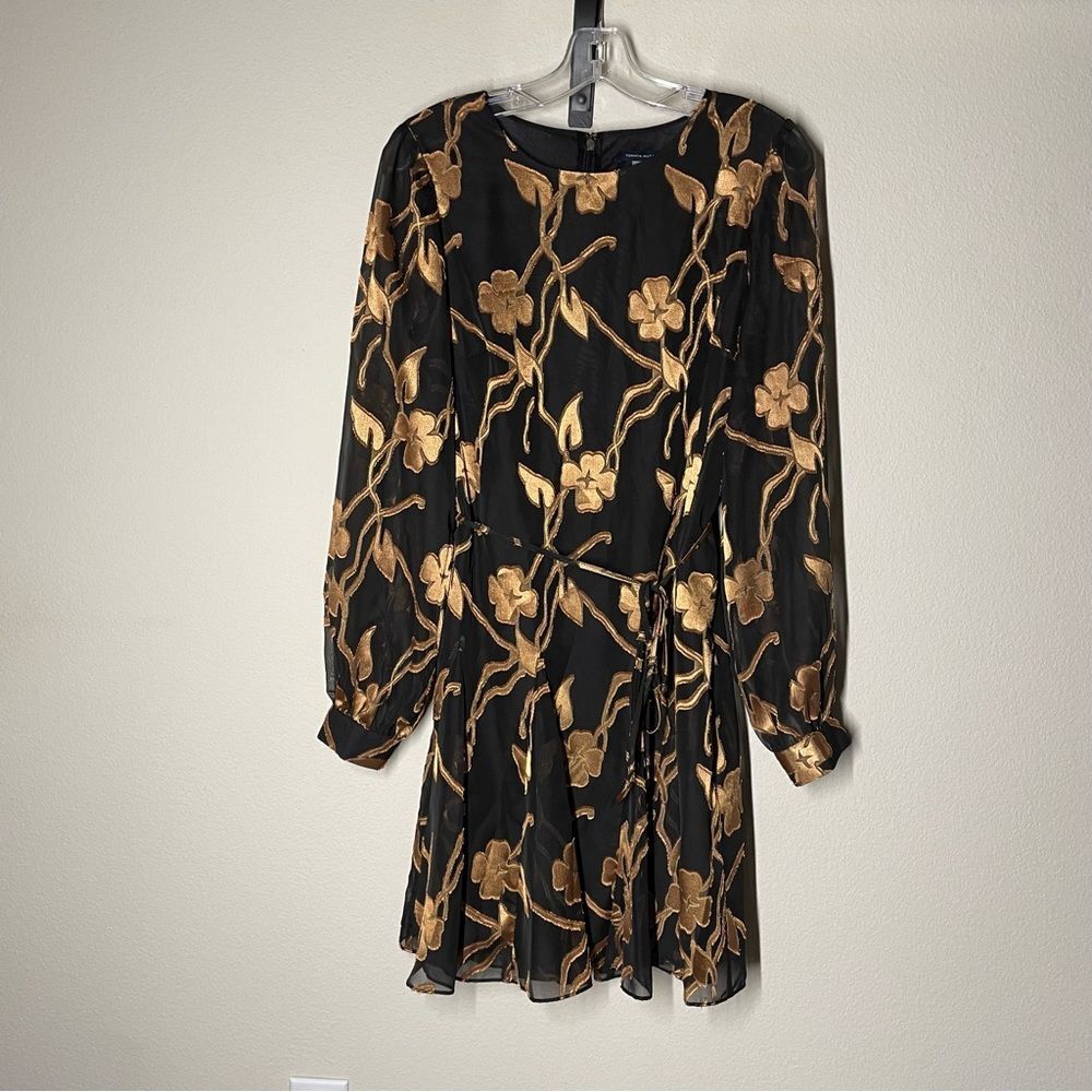 Tommy Hilfiger | Black Dress with Gold Floral Pattern Puff Sleeve Belted Tie 8
